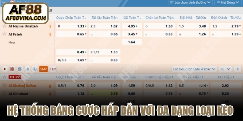 Hệ thống bảng cược hấp dẫn với đa dạng các loại kèo tại Thể thao AF88